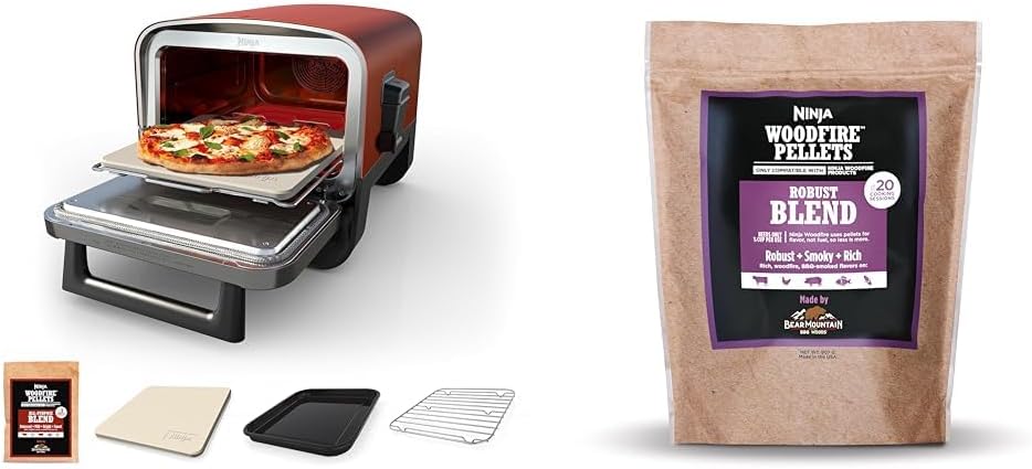 Ninja Woodfire Pizza Oven, 8-in-1 outdoor oven, 5 Pizza Settings, Ninja Woodfire Technology, 700°F high heat, BBQ smoker, wood pellets, pizza stone, electric heat, portable, terracotta red, 9x13